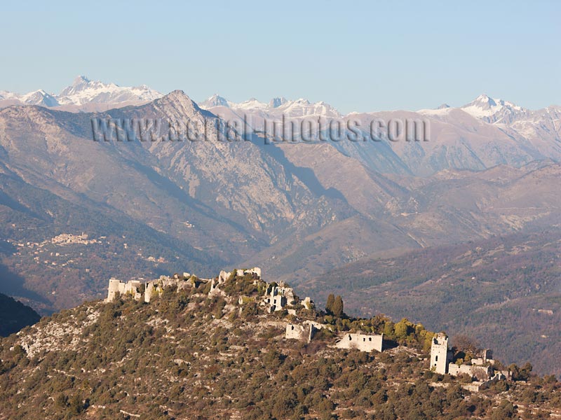 AERIAL VIEW photo of ruins, ghost town, Châteauneuf-villevieille, French Alps, France. VUE AERIENNE village abandonné, Côte d'Azur, Alpes-Maritimes, France.