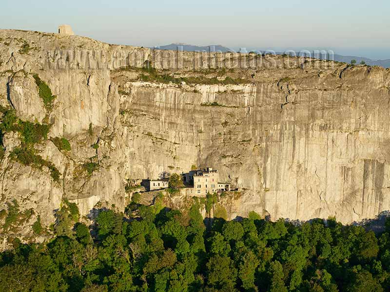Aerial view of a religious sanctuary in a cliff, Sainte-Baume in Provence, France. Vue aérienne.