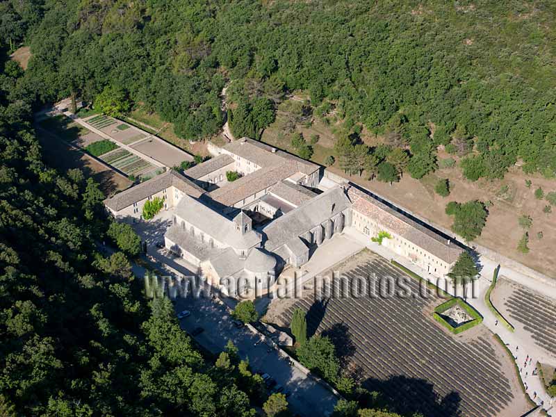 AERIAL VIEW photo of Sénanque Abbey, Gordes, Vaucluse, Provence, France. VUE AERIENNE abbaye de Sénanque.