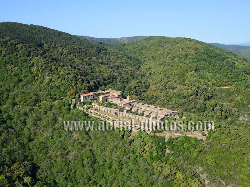 Aerial view of La Verne Charterhouse in a forest in the Var region, France. Vue aérienne.