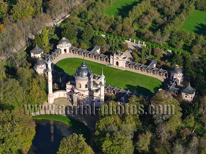 AERIAL VIEW photo of Schwetzingen Red Mosque, Baden-Württemberg, Germany. LUFTAUFNAHME luftbild, Moschee, Deutschland.