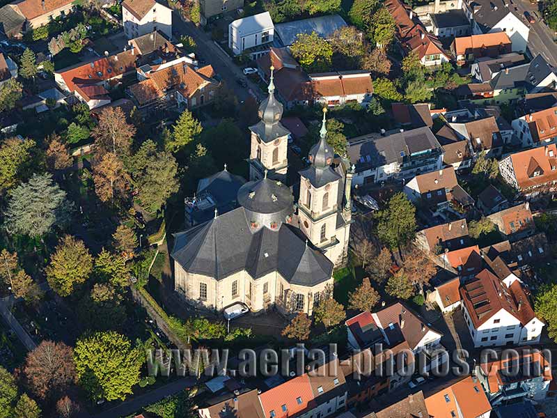 AERIAL VIEW photo of a church, Bruchsal, Baden-Württemberg, Germany. LUFTAUFNAHME luftbild, Barockkirche, Deutschland.