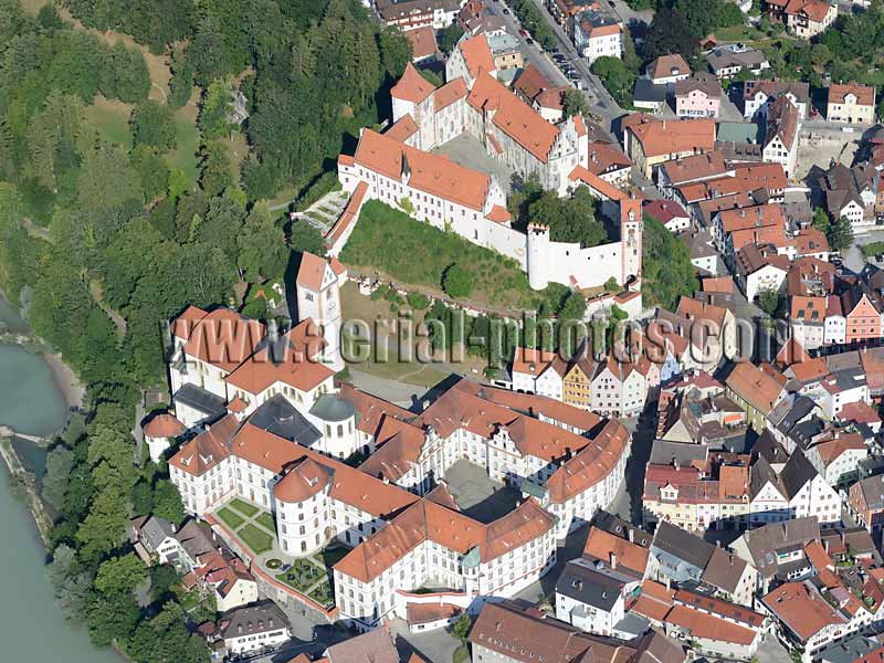 AERIAL VIEW photo of High Castle and St. Mang's Abbey, Füssen, Bavaria, Germany. LUFTAUFNAHME luftbild, Hohes Schloss und Kloster Sankt Mang, Bayern, Deutschland.