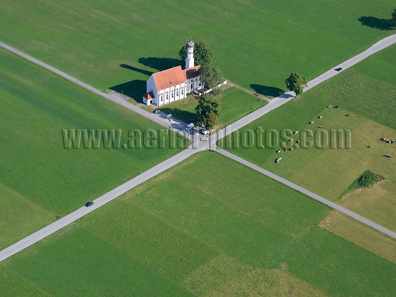 AERIAL VIEW photo of St. Coloman Church, Schwangau, Füssen, Bavaria, Germany. LUFTAUFNAHME luftbild, Kirche St. Coloman, Bayern, Deutschland.