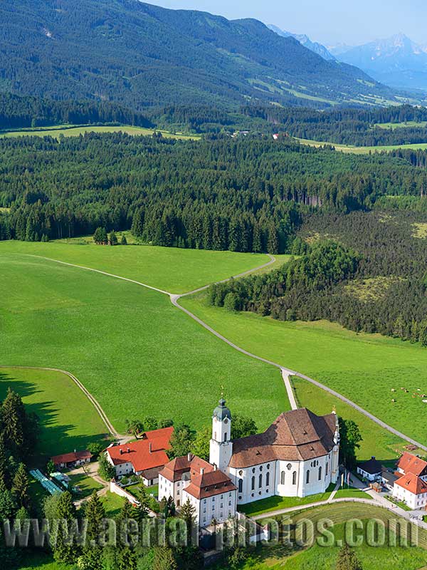 AERIAL VIEW photo of Wies Church, Steingaden, Bavaria, Germany. LUFTAUFNAHME luftbild, Wieskirche, Bayern, Deutschland.