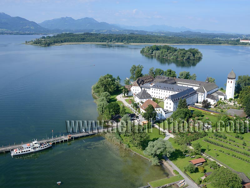 AERIAL VIEW photo of Frauenwörth Abbey, Fraueninsel, Lake Chiemsee, Bavaria, Germany. LUFTAUFNAHME luftbild, Abtei Frauenwörth, Bayern, Deutschland.