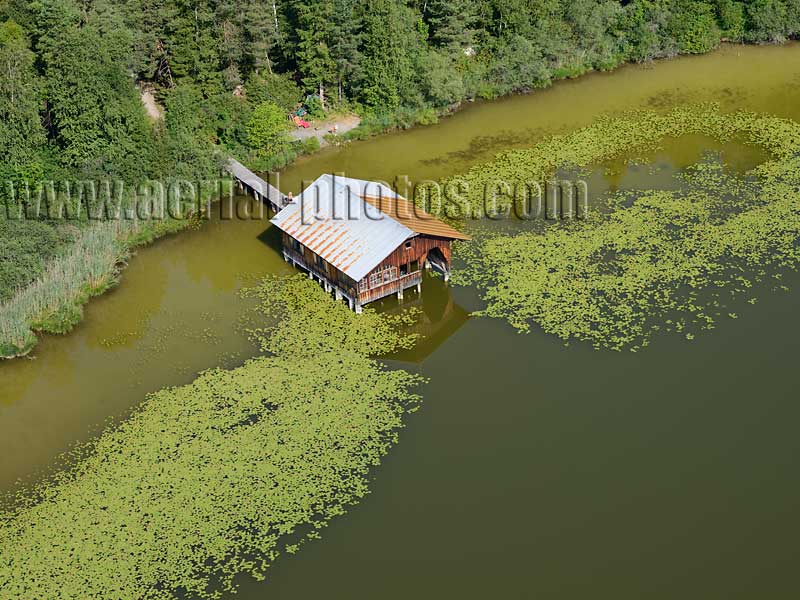 AERIAL VIEW photo of Lake Hopfensee, Füssen, Bavaria, Germany. LUFTAUFNAHME luftbild, Bayern, Deutschland.