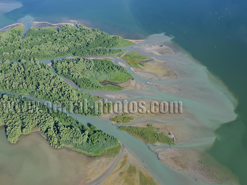 AERIAL VIEW photo of a delta, Lake Chiemsee, Bavaria, Germany. LUFTAUFNAHME luftbild, Mundung, Bayern, Deutschland.