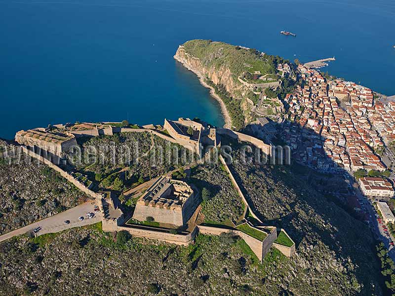 AERIAL VIEW Palamidi Fortress, Nafplio, Peloponnese Peninsula, Greece.