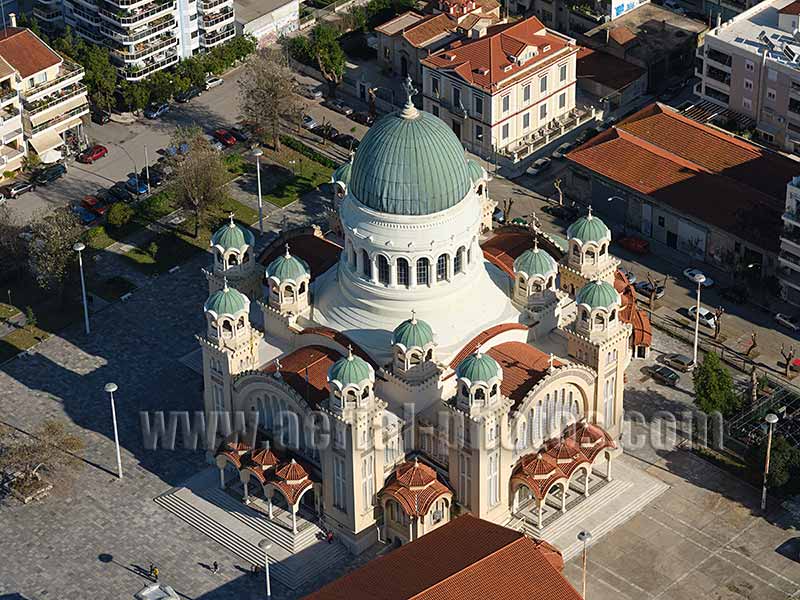 AERIAL VIEW Saint-Andrew Cathedral, Patras, Peloponnese Peninsula, Greece.