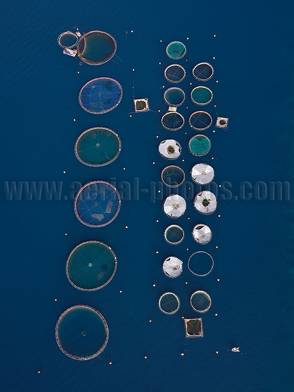 AERIAL VIEW aquafarming, Peloponnese Peninsula, Greece.