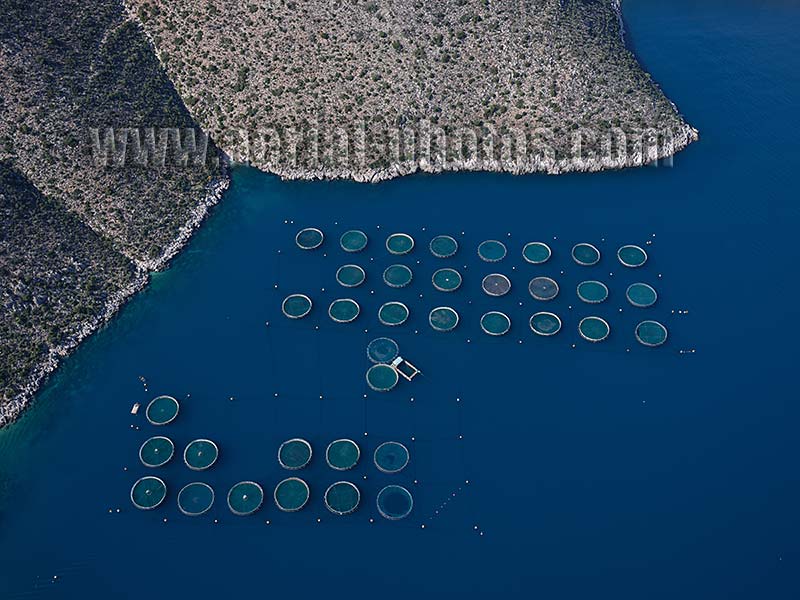 AERIAL VIEW aquafarming, Peloponnese Peninsula, Greece.