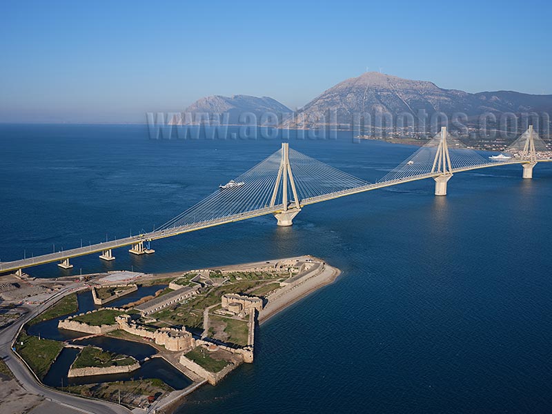 AERIAL VIEW Charilaos Trikoupis Bridge, Peloponnese Peninsula, Greece.