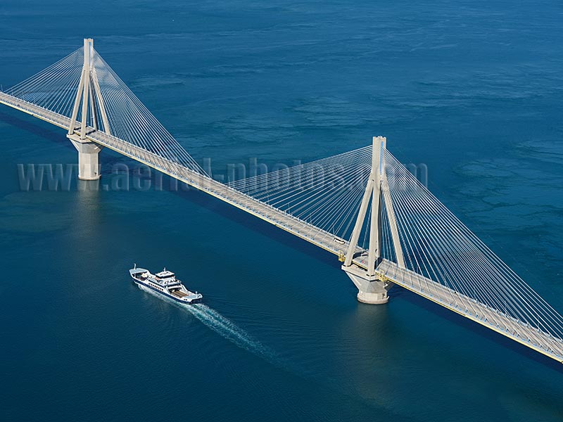 AERIAL VIEW Charilaos Trikoupis Bridge, Peloponnese Peninsula, Greece.