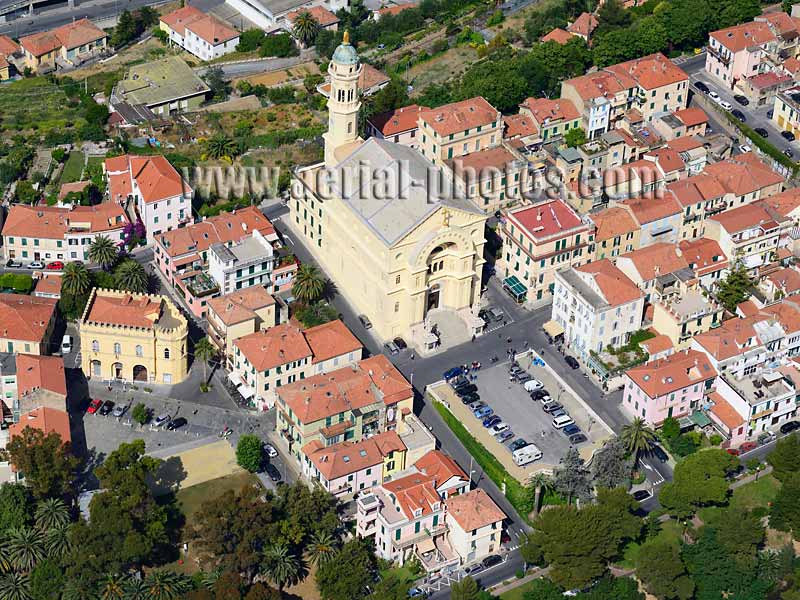 AERIAL VIEW photo of Sacro Cuore Sanctuary, Bussana, Liguria, Italy. VEDUTA AEREA foto, Santuario del Sacro Cuore, Italia.