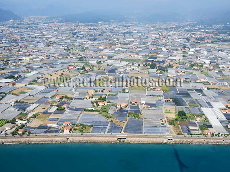 AERIAL VIEW of greenhouses, Albenga, Liguria, Italy. VEDUTA AEREA foto, serra, Italia.