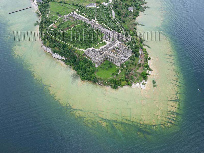 AERIAL VIEW photo of the Grottoes of Catullus, Sirmione, Lake Garda, Lombardy, Italy. VEDUTA AEREA foto, Grotte di Catullo, Lago di Garda, Lombardia, Italia.