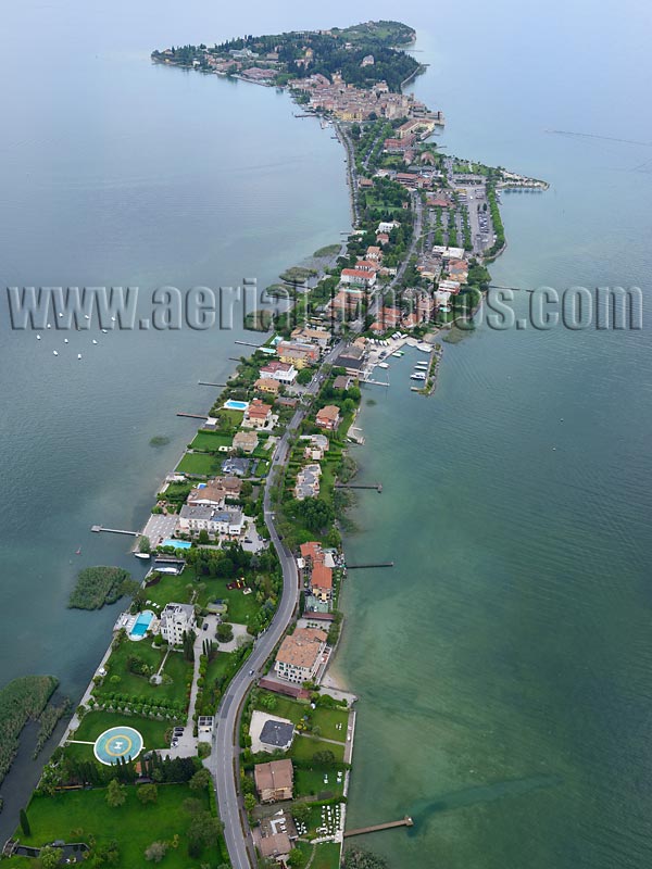 AERIAL VIEW photo of the peninsula of Sirmione, Lake Garda, Lombardy, Italy. VEDUTA AEREA foto, Penisola, Lago di Garda, Lombardia, Italia.