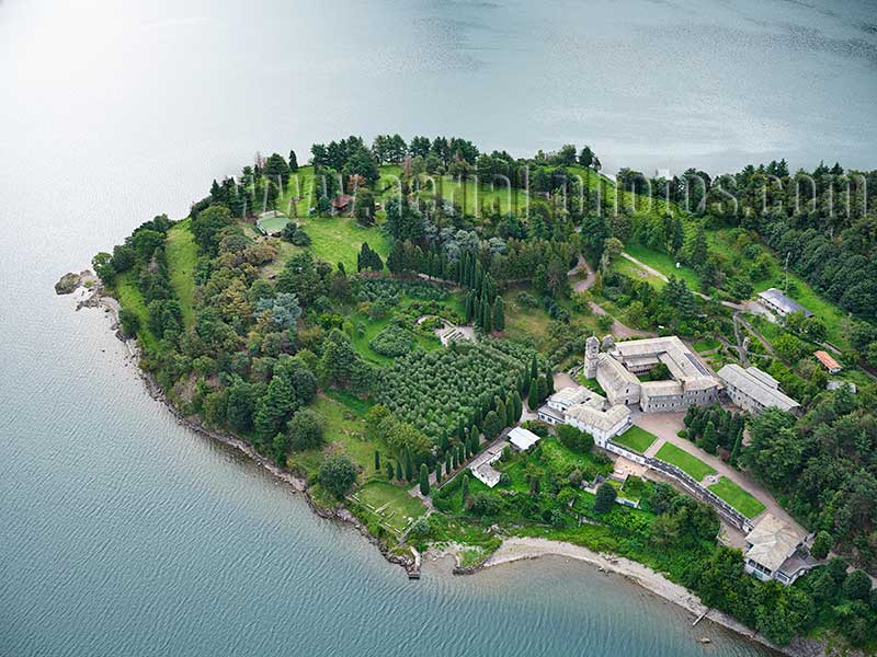 AERIAL VIEW photo of Piona Abbey on the shores of Lake Como, Lombardy, Italy. VEDUTA AEREA foto.