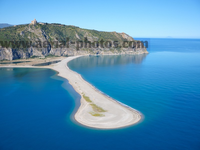 AERIAL VIEW photo of the Sanctuary of Tindari above a sandbar, Sicily, Italy. VEDUTA AEREA foto, Sicilia, Italia.