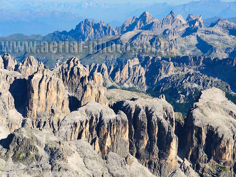 AERIAL VIEW photo of the Sella Group in the Dolomites. Trentino-Alto Adige, Italy.