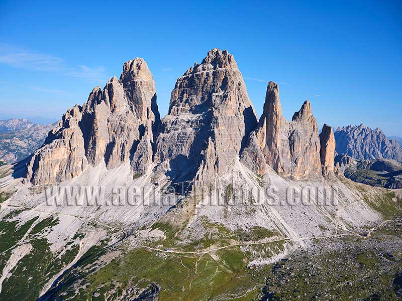 AERIAL VIEW photo of Tre Cime di Lavaredo, Dolomites, Veneto, Italy. VEDUTA AEREA foto, Dolomiti, Italia.