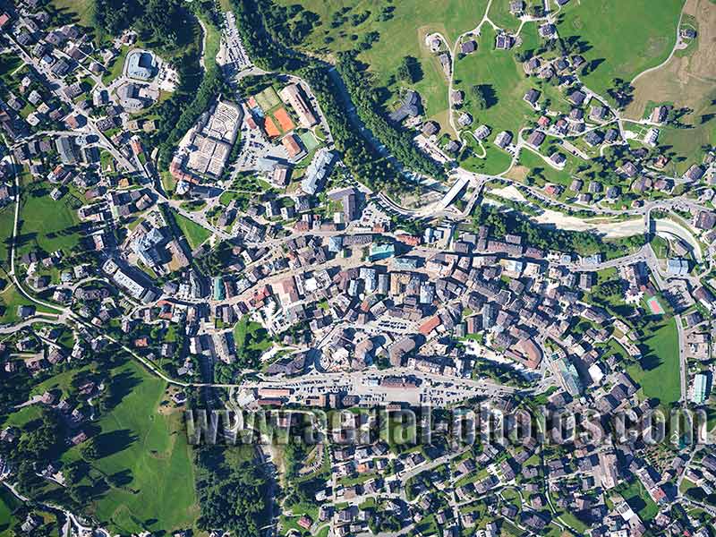 VERTICAL AERIAL VIEW photo of Cortina d'Ampezzo, Veneto, Italy. VEDUTA AEREA foto, Italia.