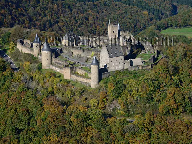 AERIAL VIEW photo of Bourscheid Castle, Diekirch District, Luxembourg. VUE AERIENNE, Château de Bourscheid.