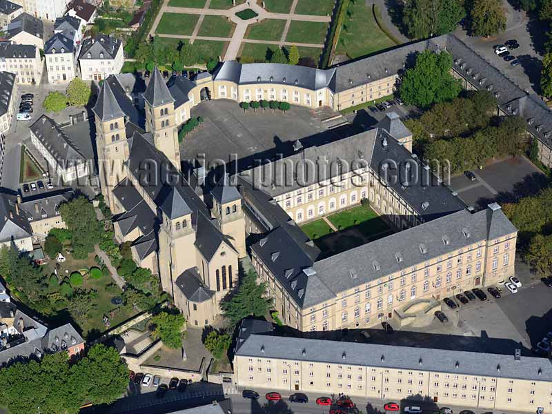AERIAL VIEW photo of Echternach Abbey, Grevenmacher District, Luxembourg. VUE AERIENNE, Abbaye d'Echternach.
