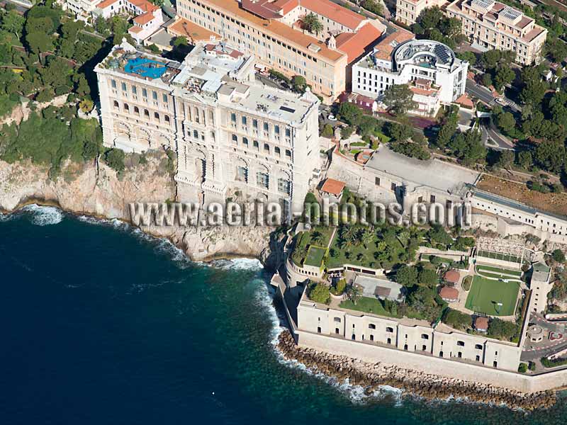 Aerial view, Oceanographic Museum, The Rock, Monaco. Vue aérienne, Le Rocher, Musée Océanographique.