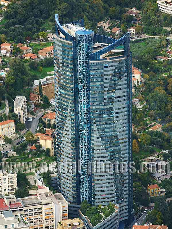 Aerial view, Odeon Tower, Monaco. Vue aérienne, Tour Odéon.