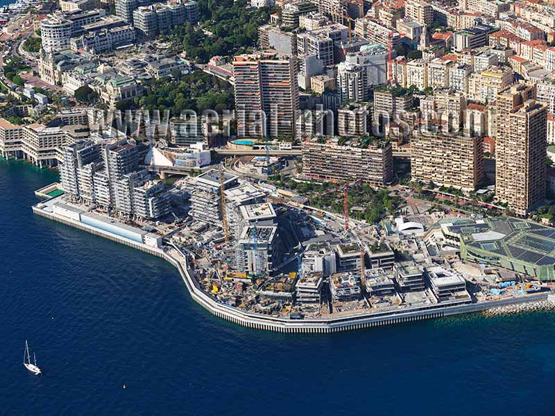 Aerial view, land extension of Portier Cove, now approaching completion, Monaco. Vue aérienne.