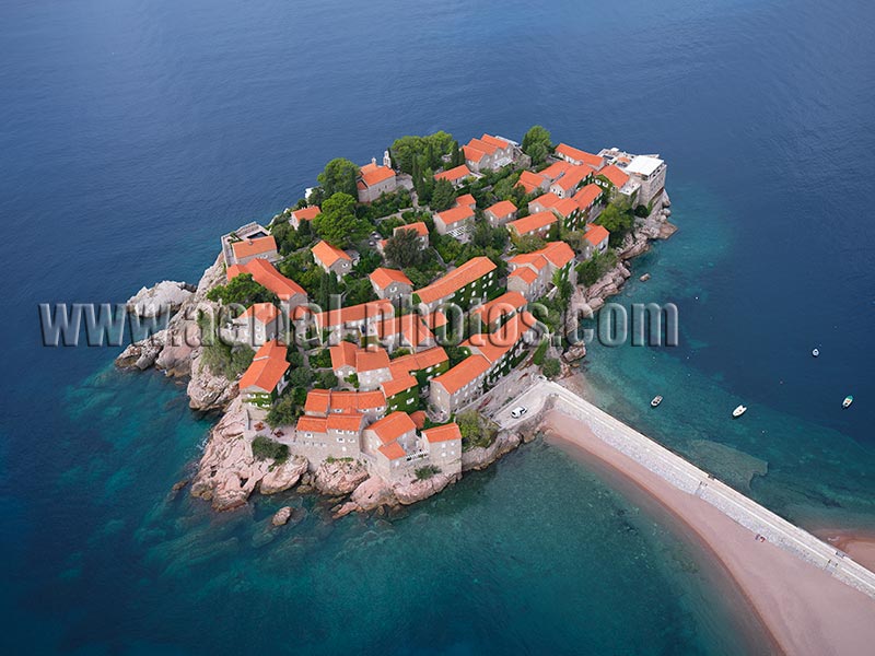 AERIAL VIEW photo of Sveti Stefan, Montenegro. POGLED IZ VAZDUHA Crna Gora.