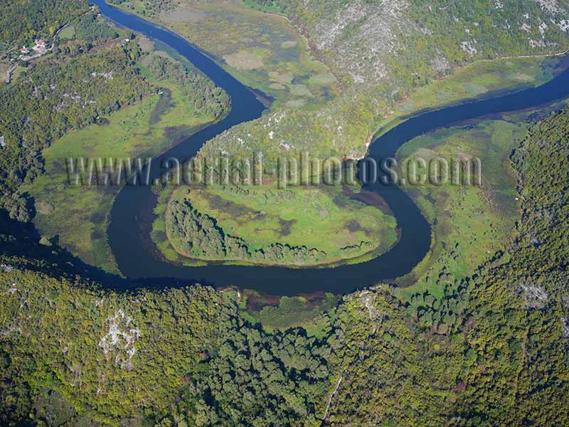 AERIAL VIEW photo of a meander on Lake Skadar. POGLED IZ VAZDUHA Skadarsko jezero, Crna Gora.