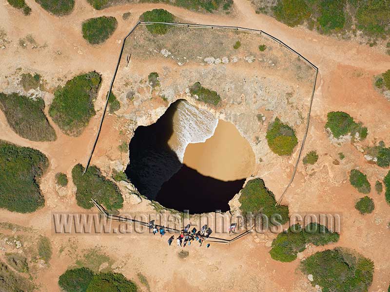 AERIAL VIEW photo of a sea cave, Algar de Benagil, Lagoa, Algarve, Portugal. VISTA AEREA.