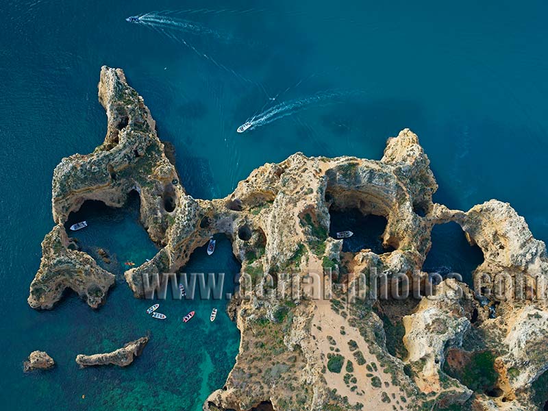 AERIAL VIEW photo of a rock formation, Lagos, Algarve, Portugal. VISTA AEREA Ponte da Piedade.