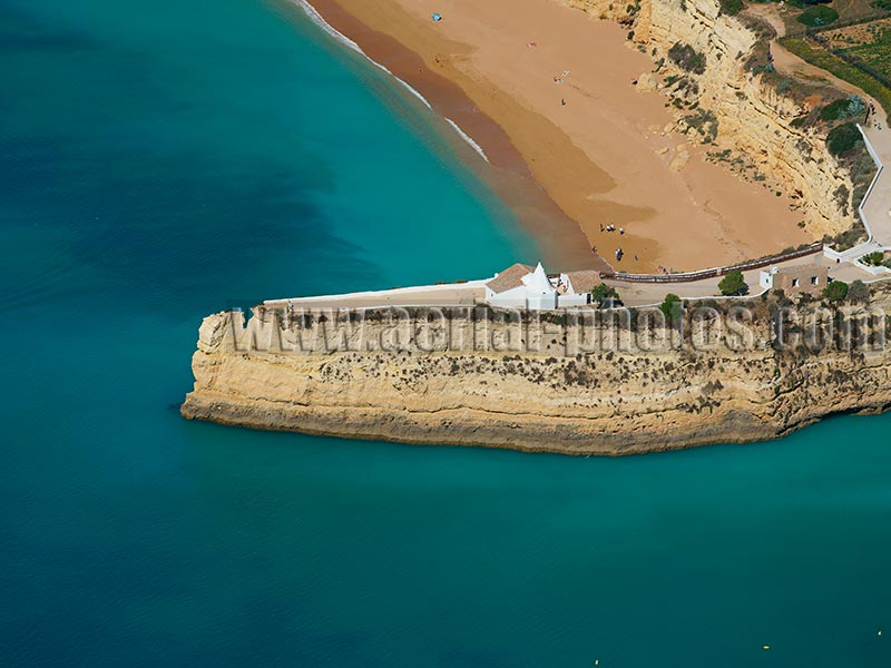 AERIAL VIEW photo of a chapel and a fort, Lagoa, Algarve, Portugal. VISTA AEREA capela / forte de Nossa Senhora da Rocha.