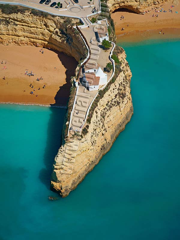 AERIAL VIEW photo of a chapel and a fort, Porches, Lagoa, Algarve, Portugal. VISTA AEREA capela / forte de Nossa Senhora da Rocha.