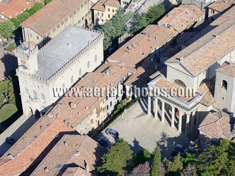 AERIAL VIEW photo of the Republic of San Marino. VEDUTA AEREA foto, Palazzo Pubblico, Basilica Del Santo, Repubblica di San Marino.