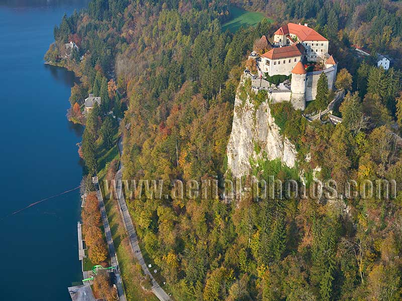 AERIAL VIEW photo of Bled castle overlooking Lake Bled, Upper Carniola, Slovenia. SLIKA ZRAKA Blejsko Jezero, Blejski Grad, Slovenija.