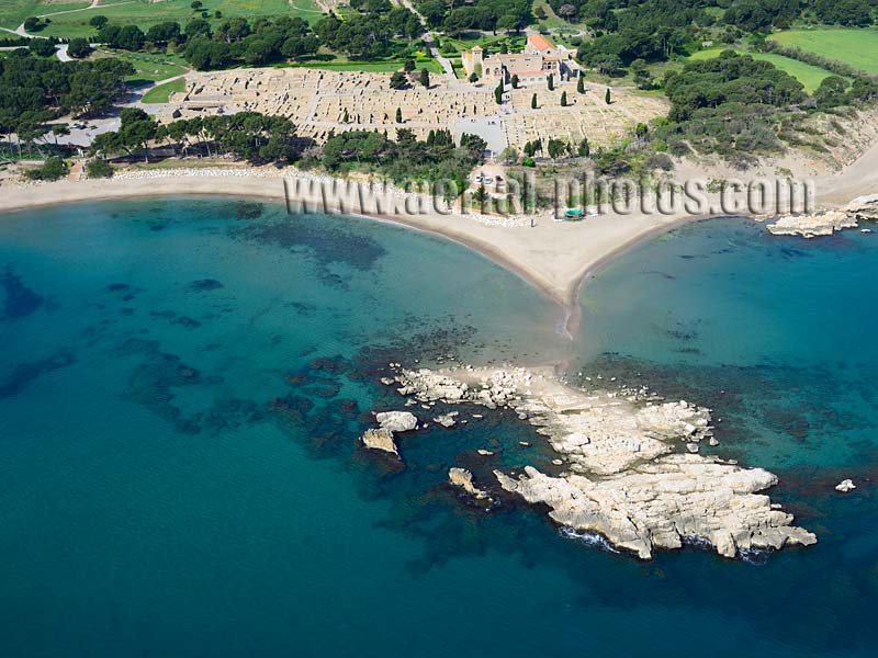 AERIAL VIEW photo of ruins, Empúries, L'Escala, Costa Brava, Catalonia, Spain. VISTA AEREA, Ruina, Cataluña, España.