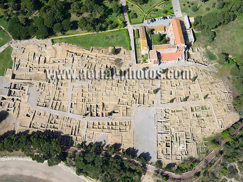 AERIAL VIEW photo of ruins, Empúries, L'Escala, Costa Brava, Catalonia, Spain. VISTA AEREA, Ruina, Cataluña, España.