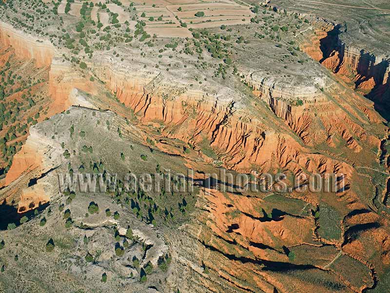 Vista aerea: Cañon Rojo. Teruel, Aragón, España. AERIAL VIEW photo of a red canyon, Teruel, Aragon, Spain. VISTA AEREA Cañon Rojo, Rambla de Barrachina, España.