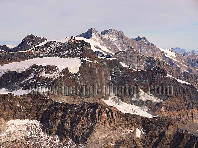 Aerial view of the Mischabel Massif with the Dom in the Distance, Switzerland / Italy. LUFTAUFNAHME, Schweiz.