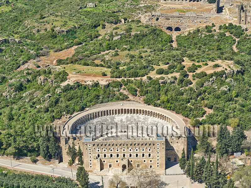 AERIAL VIEW photo of Aspendos Theater, Turkey.