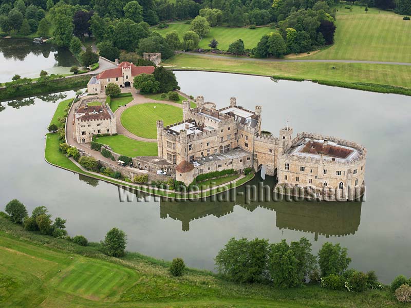 Aerial view, moated Leeds Castle, Kent, England, United Kingdom.