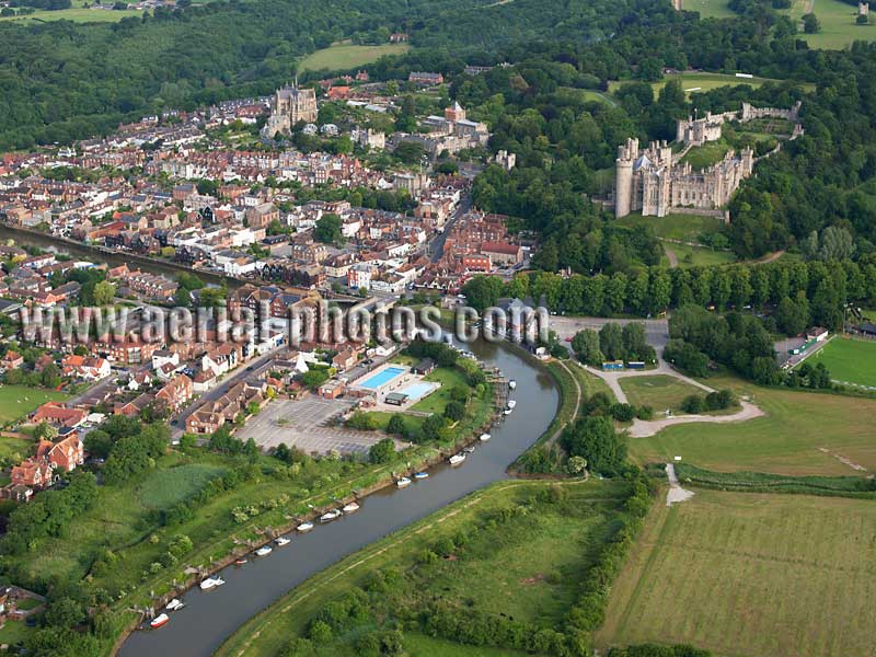 Aerial view, Arundel Castle above the Arun River, West Sussex, England, United Kingdom.