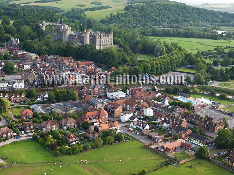 Aerial view, Arundel Castle above the medieval town, West Sussex, England, United Kingdom.