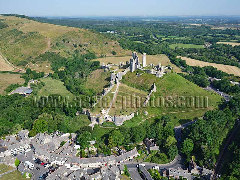 AERIAL VIEW photo of Corfe Castle, England, United Kingdom.