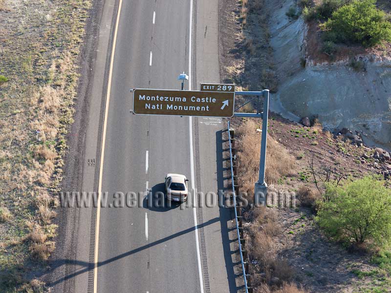 Aerial view of a road sign to Montezuma Castle, Camp Verde, Arizona, USA.